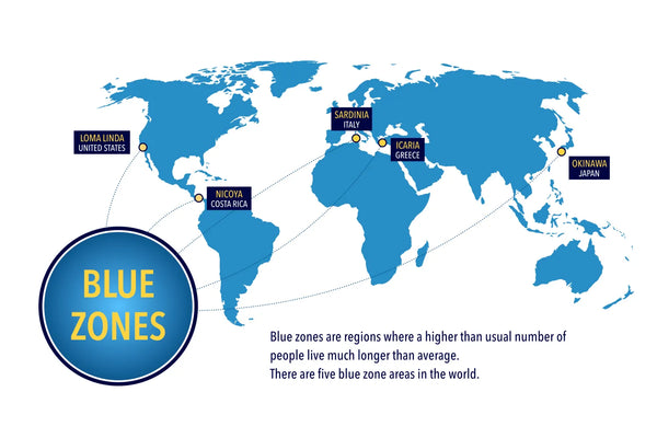 Map of global Blue Zones highlighting longevity hotspots.