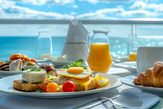 Breakfast with eggs, tomatoes, croissant, and orange juice by the sea.