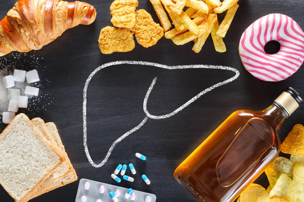 Unhealthy foods and liver health risks with sugary snacks, alcohol, and pills.