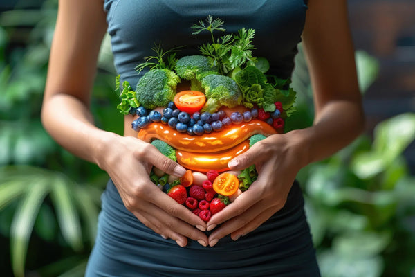 Healthy gut with fresh fruits and vegetables inside stomach, wellness concept