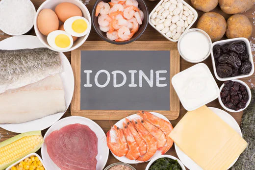 Iodine-rich foods including seafood, eggs, and vegetables surrounding a chalkboard.