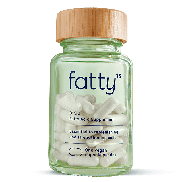
                Fatty15&#39;s C15 supplement vegan capsules in a glass bottle