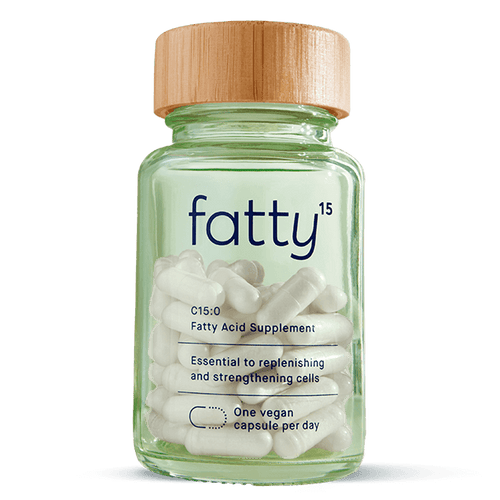 Fatty15's C15 supplement vegan capsules in a glass bottle
