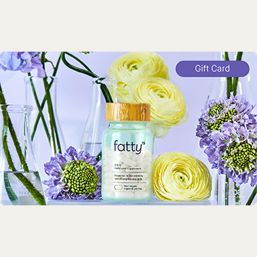 fatty15 C15 supplement gift card with flowers in the background.